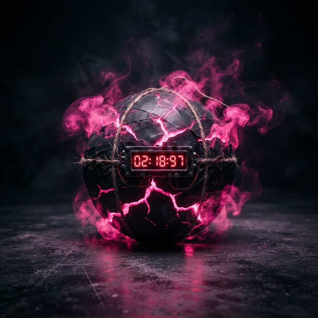 A mysterious wrapped product hidden inside a ticking bomb, pink light cracking through